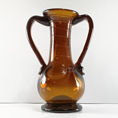 LOT 18: Amber Glass Double Handled Vase with 3 Pitchers