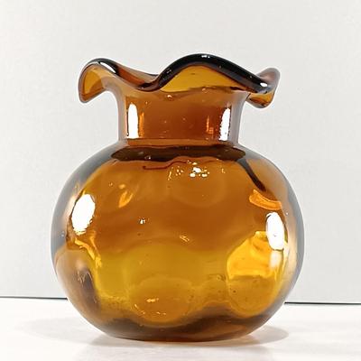 LOT 19: Amber Glass Thumbprint Jug with 3 Ruffle Edged Vases