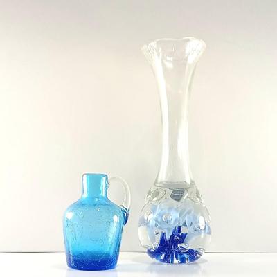 LOT 20: Glass Art Paperweight Vase with Small Blue Crackle Glass Jug