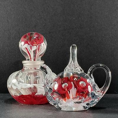 LOT 21: St. Clair-Style Glass Paperweight/Ring Holder Teapot with Art Glass Perfume Bottle
