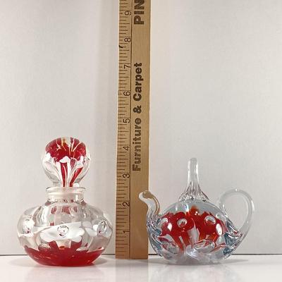 LOT 21: St. Clair-Style Glass Paperweight/Ring Holder Teapot with Art Glass Perfume Bottle