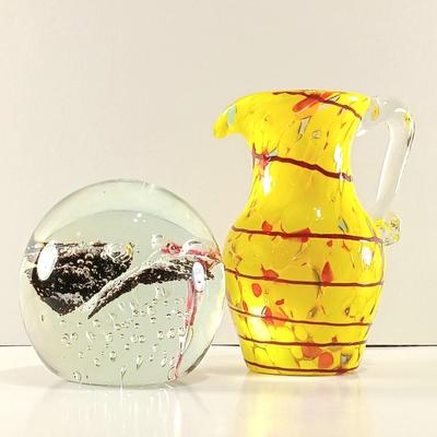 LOT 22: Small Yellow and Red Splatter Glass Pitcher with Controlled Bubbles Butterfly Paperweight