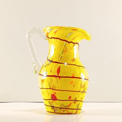 LOT 22: Small Yellow and Red Splatter Glass Pitcher with Controlled Bubbles Butterfly Paperweight