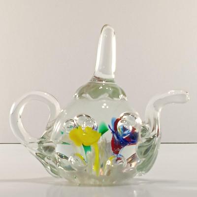 LOT 24: St Clair-Style Art Glass Paperweight/Ring Holder Teapot with Floral Paperweight Perfume Bottle