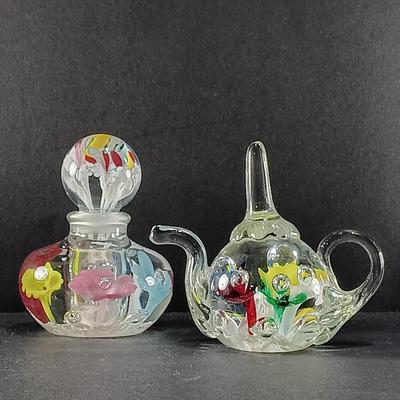 LOT 24: St Clair-Style Art Glass Paperweight/Ring Holder Teapot with Floral Paperweight Perfume Bottle