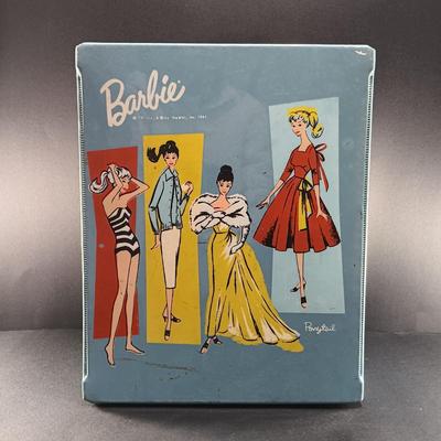 LOT 26: 1961 Barbie Doll Blue Ponytail Design Carrying Case with Vintage Clothes, Accessories and Doll