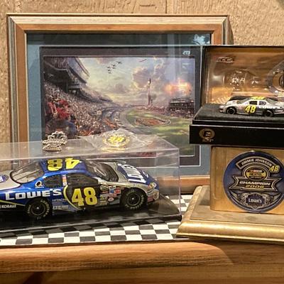 LOT 61: Thomas Kinkade NASCAR Wall Hanging with Jimmy Johnson #48 Collectible Die-Cast Race Cars and More