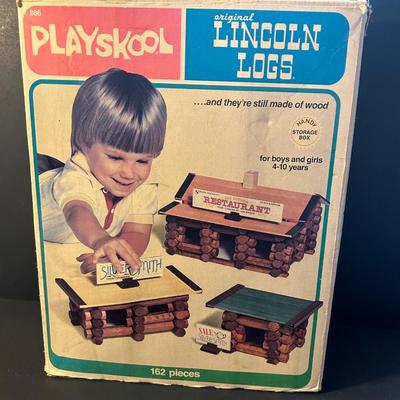 LOT 86AT: Vintage Box of Playskool Lincoln Logs W Original Box & Legos