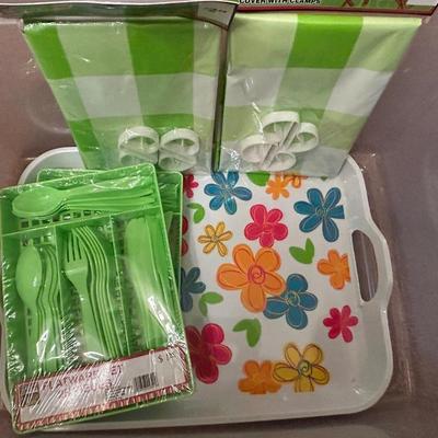 LOT 101DN: Summer Outdoor Serving Set - Plastic Pitcher, Cups, Plates, Flatware And More