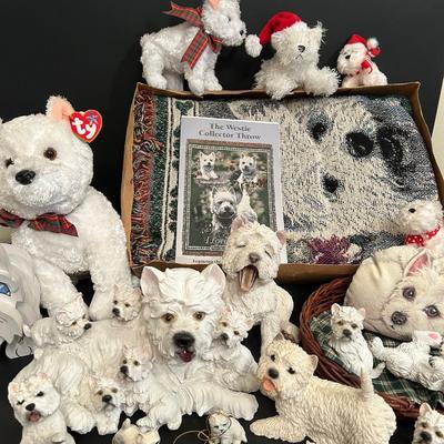 LOT 102DN: Large Westie Dog Collection - Figurines, Blanket, Plush Toys And More
