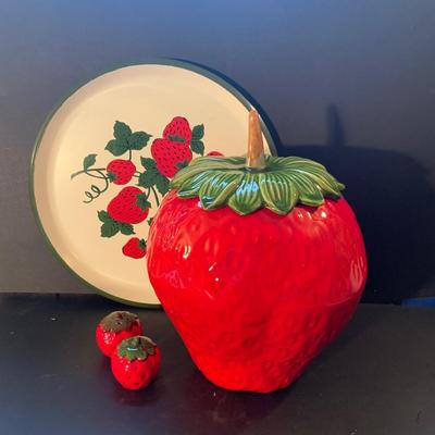 LOT:113: Beautiful Vintage Ceramic Strawberry Cookie Jar, Salt and Pepper Shaker and a Metal Serving Tray