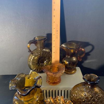 LOT::115: Vinage Amber Glass Bottles Jugs, Vases and More