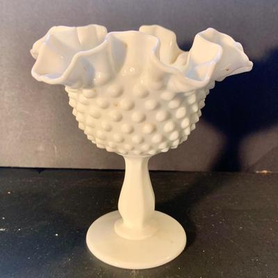 LOT:116: Vintage Milk Glass Collection Featuring a Fenton Hen on a Nest, Hobnail Compote Candy Dish, also a Shoe and Cake Plate