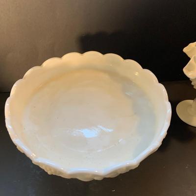 LOT:116: Vintage Milk Glass Collection Featuring a Fenton Hen on a Nest, Hobnail Compote Candy Dish, also a Shoe and Cake Plate