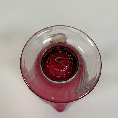 LOT 145: Vintage Vaseline Glass Bowl, Cranberry Glass Pitcher & Amethyst Vase