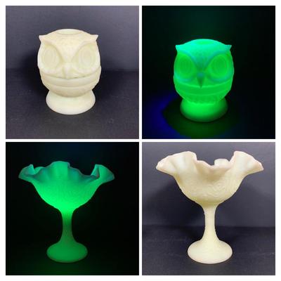 LOT 146: Vintage Fenton Frosted Compote & Owl Fairy Light