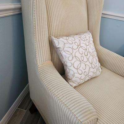 Two Pinstriped Easy Chairs with one ottoman