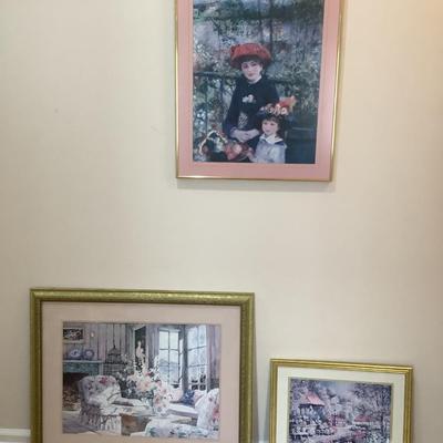 3 prints with gold frames lot - lady with daughter, sunroom, gazebo