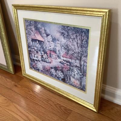 3 prints with gold frames lot - lady with daughter, sunroom, gazebo