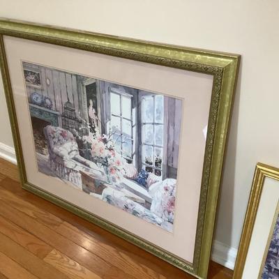 3 prints with gold frames lot - lady with daughter, sunroom, gazebo