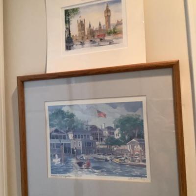 2 watercolors Robert Kennedy Waterfront @ Edgartown, Dorothy Lloyd Griffith Houses of Parliment