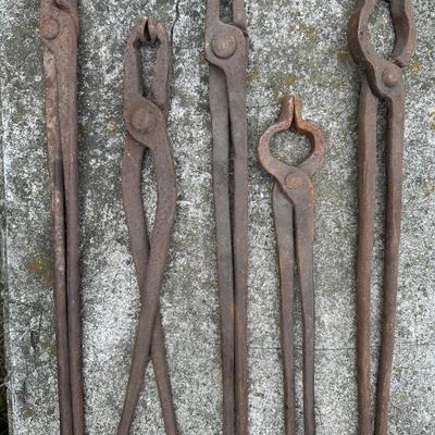 Five Vintage Blacksmith Forging Tongs/Tools