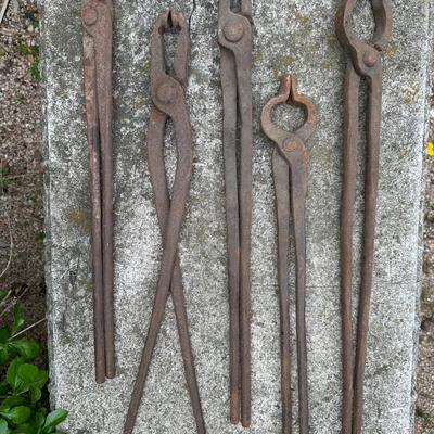 Five Vintage Blacksmith Forging Tongs/Tools