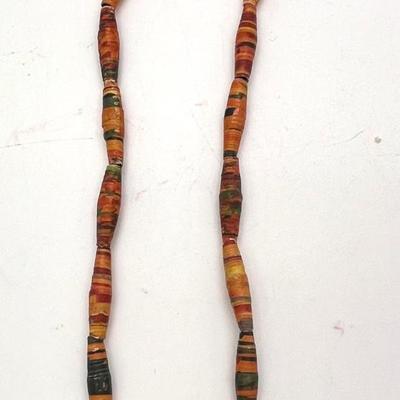 Necklace with paper rolled beads and wood heart pendant