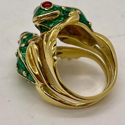 18k Green Enamel Double Frog Ring marked 750, size 6