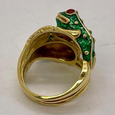 18k Green Enamel Double Frog Ring marked 750, size 6