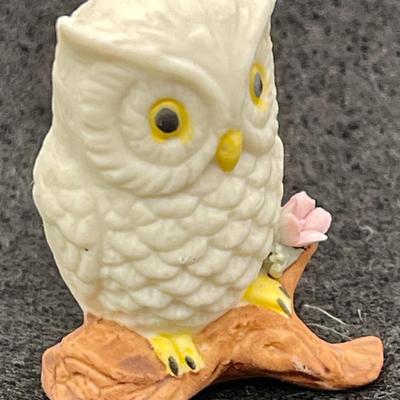 Miniature Porcelain Figurine White Snow Owl on wood branch