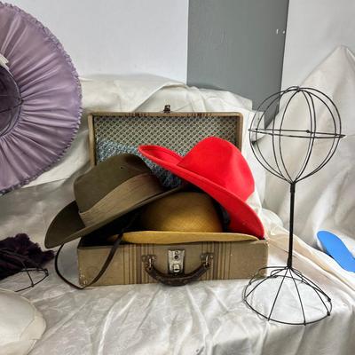 Vintage hats, antique wire hat holders, Hat box, scarves, vintage luggage