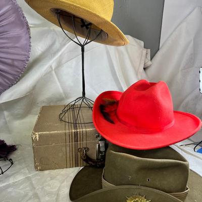 Vintage hats, antique wire hat holders, Hat box, scarves, vintage luggage