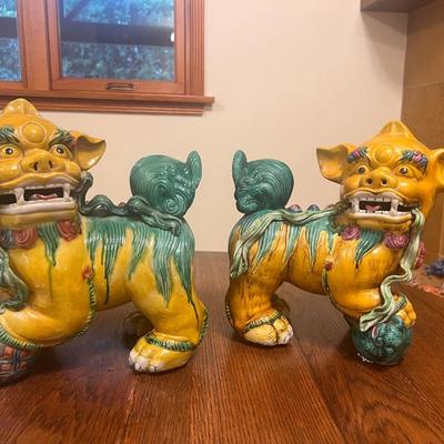 Pair of Chinese Blue Porcelain Foo Dog Guardian Lion Statues
