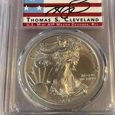 (1) 2021 AMERICAN SILVER EAGLE COIN Type-1 "Last Day of Issue" Designer Thomas Cleveland Hand Signed - PCGS MS70 - Gorgeous Coin.
