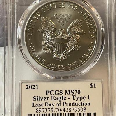 (1) 2021 AMERICAN SILVER EAGLE COIN Type-1 "Last Day of Issue" Designer Thomas Cleveland Hand Signed - PCGS MS70 - Gorgeous Coin.