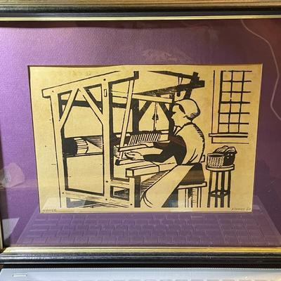 "Weaver" Signed by Constantine Kermes 1960 Woodblock Art Print 11x14" Framed as Pictured.