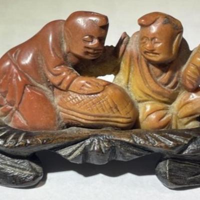 Vintage Hand Carved NETSUKE Style Figure on a Carved Wooden Base all Hand Carved/Etched Preowned from an Estate.