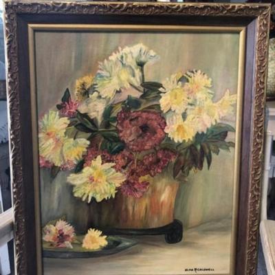 Vintage Alma R. Caldwell Oil on Canvas Still Painting Frame Size 19â€ x 23.5â€ Preowned from an Estate.