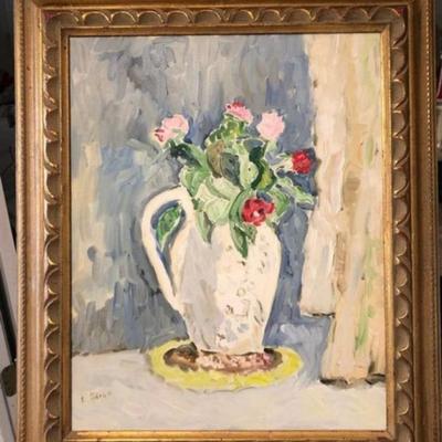 Elizabeth Ward Brown NJ Artist Still Floral Oil on Canvas Frame Size 21.5â€x 26â€ Preowned from an Estate.