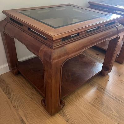 Pair of Wooden End Tables with Beveled Glass Tops (D-MG)