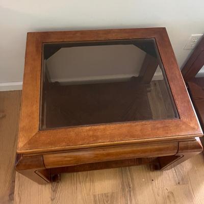 Pair of Wooden End Tables with Beveled Glass Tops (D-MG)