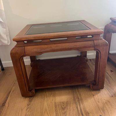 Pair of Wooden End Tables with Beveled Glass Tops (D-MG)