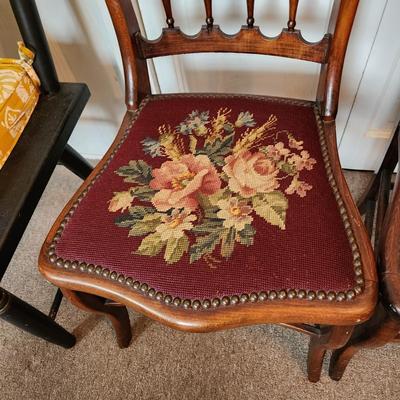PAIR Antique Needlepoint Seat Chairs