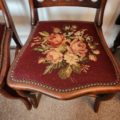 PAIR Antique Needlepoint Seat Chairs