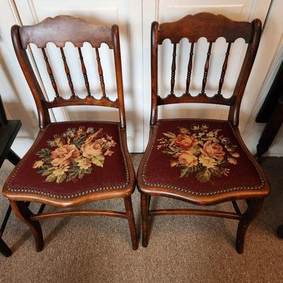 PAIR Antique Needlepoint Seat Chairs