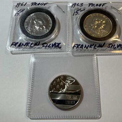(2)-Proof Silver Franklin Half Dollars & (1)-1992 Gymnastic Olympic Proof Coin as Pictured.