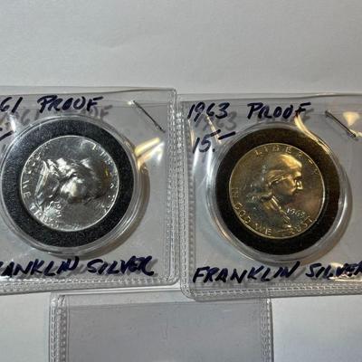 (2)-Proof Silver Franklin Half Dollars & (1)-1992 Gymnastic Olympic Proof Coin as Pictured.