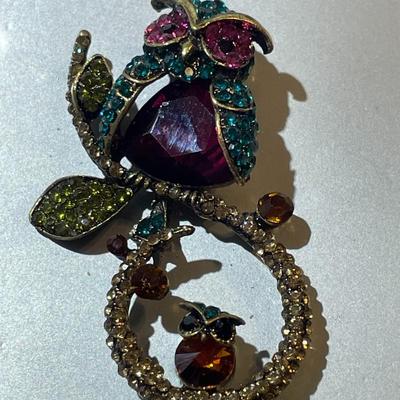 Metal Gallery Jewelry Rhinestone Brooch/Pin "Owl on a Branch" as Pictured.