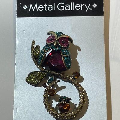 Metal Gallery Jewelry Rhinestone Brooch/Pin "Owl on a Branch" as Pictured.